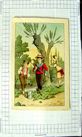 Original Old Antique Print Colour Children Fishing Bucket River Trees 20th