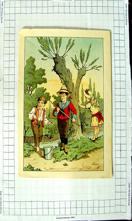 Original Old Antique Print Colour Children Fishing Bucket River Trees 20th