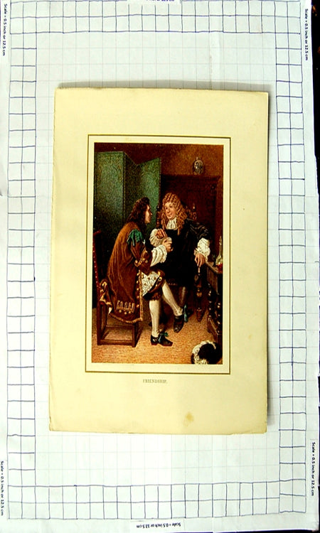 Original Old Antique Print Colour Friendship Poem Jeremy Taylor Men Drinking