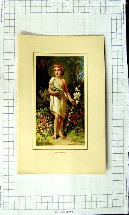 Original Old Antique Print Colour Childhood Poem Charles Dickenson Boy