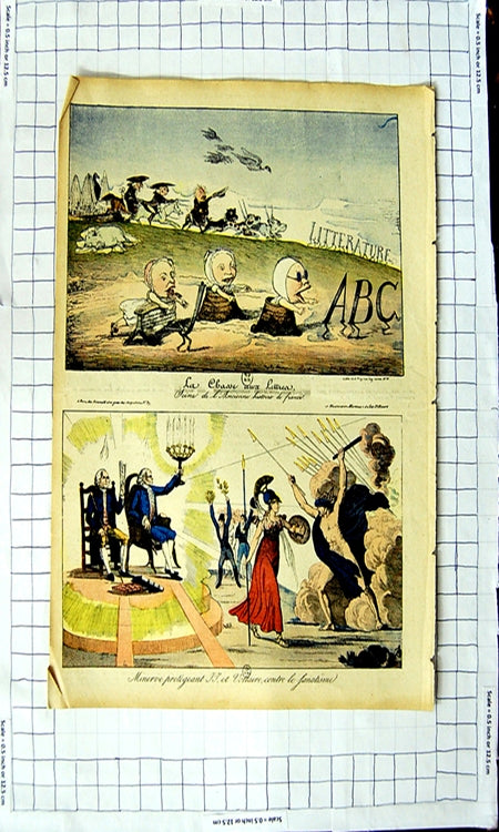 Original Old Antique Print Colour Comedy Letters Battle Romance Scene