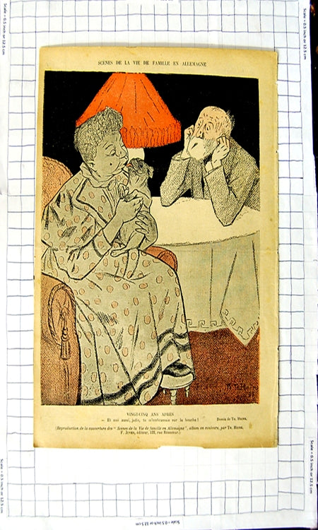Original Old Antique Print Colour Comedy Scene Lady Kissing Dog Man Table