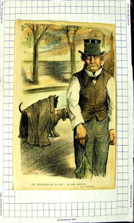 Old Antique Print Colour Sketch Man Dogs Les Spectacles De La Rue Censeur