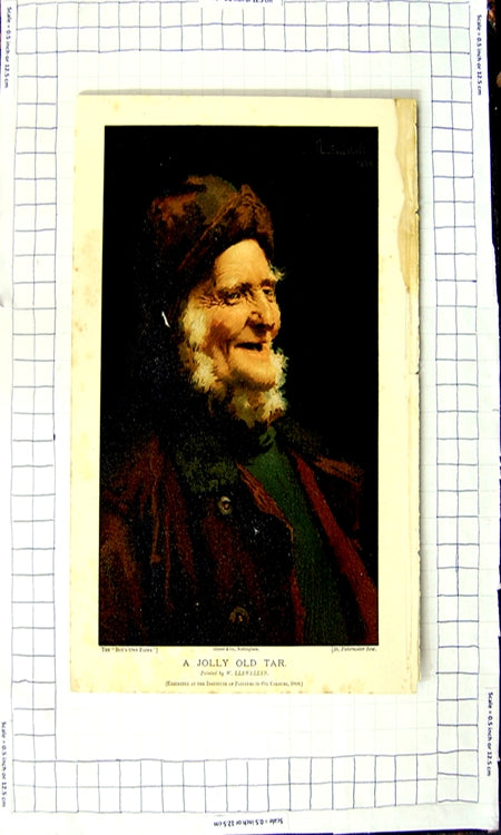 Original Old Antique Print Colour Portrait Jolly Tar Man Fisherman Llewellyn