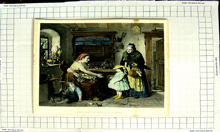 Original Old Antique Print Ritscher Colour Family Home Foster Child Mohn 1830