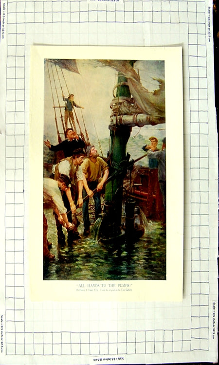 Original Old Antique Print Henry Tuke Colour Men Fishing Boat Manning Pumps
