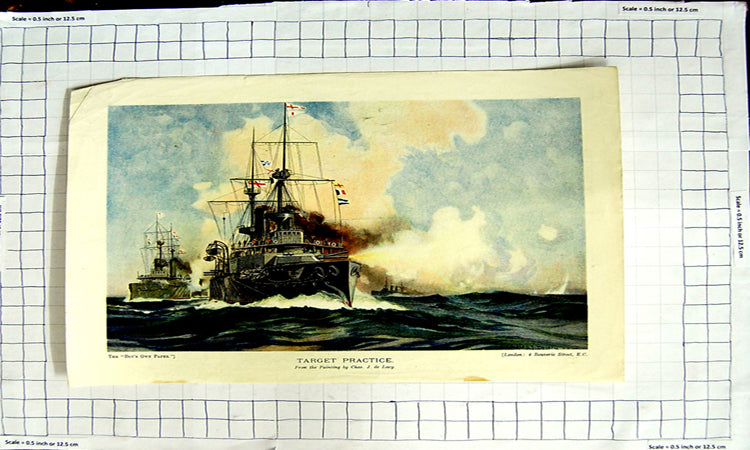 Original Old Antique Print Colour Target Practice War Ship Charles De Lacy