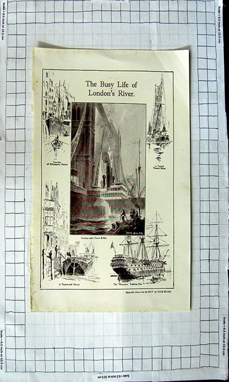 Old Antique Print London River Thames Tower Bidge Billingsgate Worcester