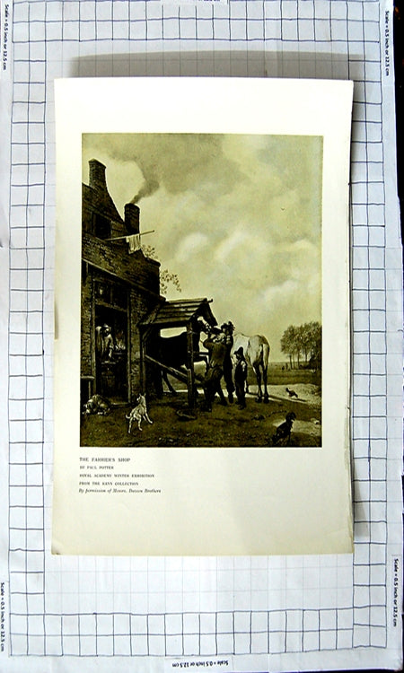 Original Old Antique Print Farriers Shop Horses Chickens Dogs Paul Potter