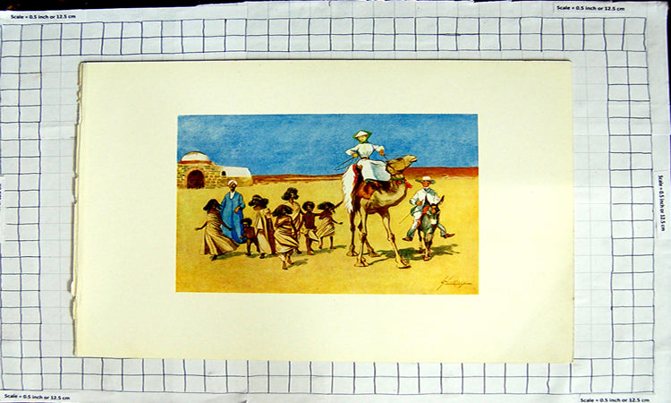 Original Old Antique Print 1908 Colour Desert Scene Camel Coloured People 20th