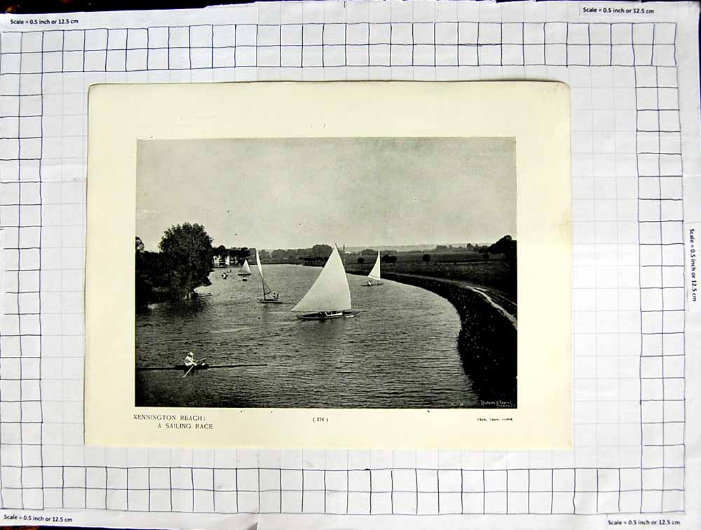 Original Old Antique Print Kennington Reach Sailing Race Radley Church Park