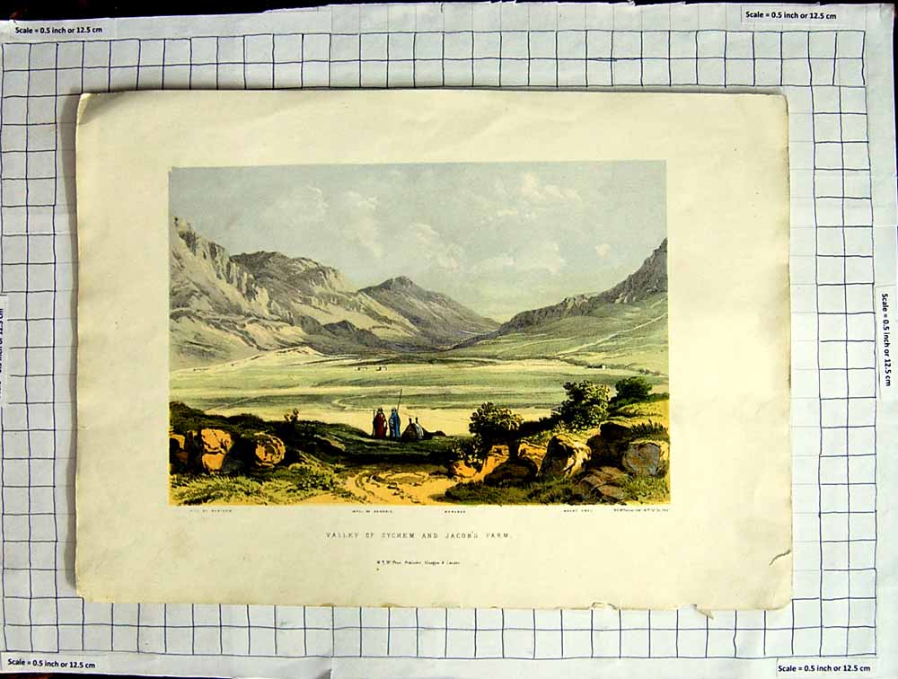 Old Antique Print Valley Sychem Jacob'S Farm Samaria Mount Kbal Neblous