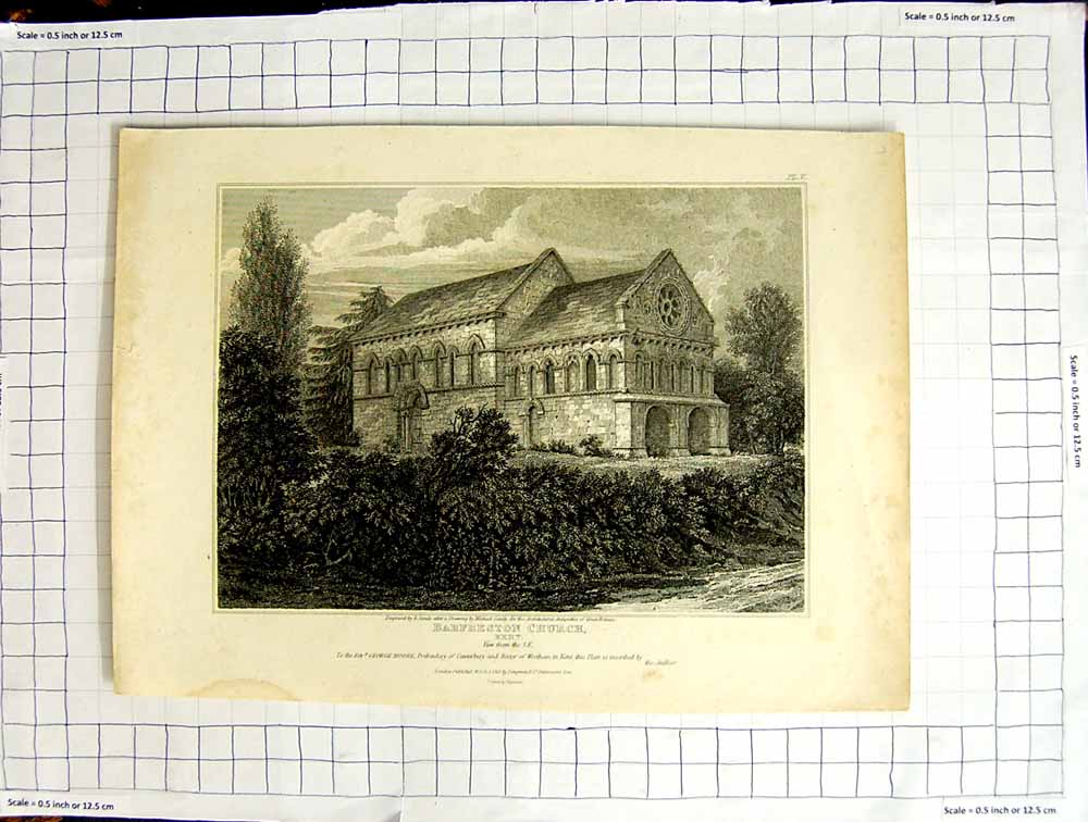 Original Old Antique Print 1813 View Barfreston Church Kent Architecture Sands