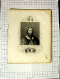 Original Old Antique Print Portrait King Alfred Family Hastings