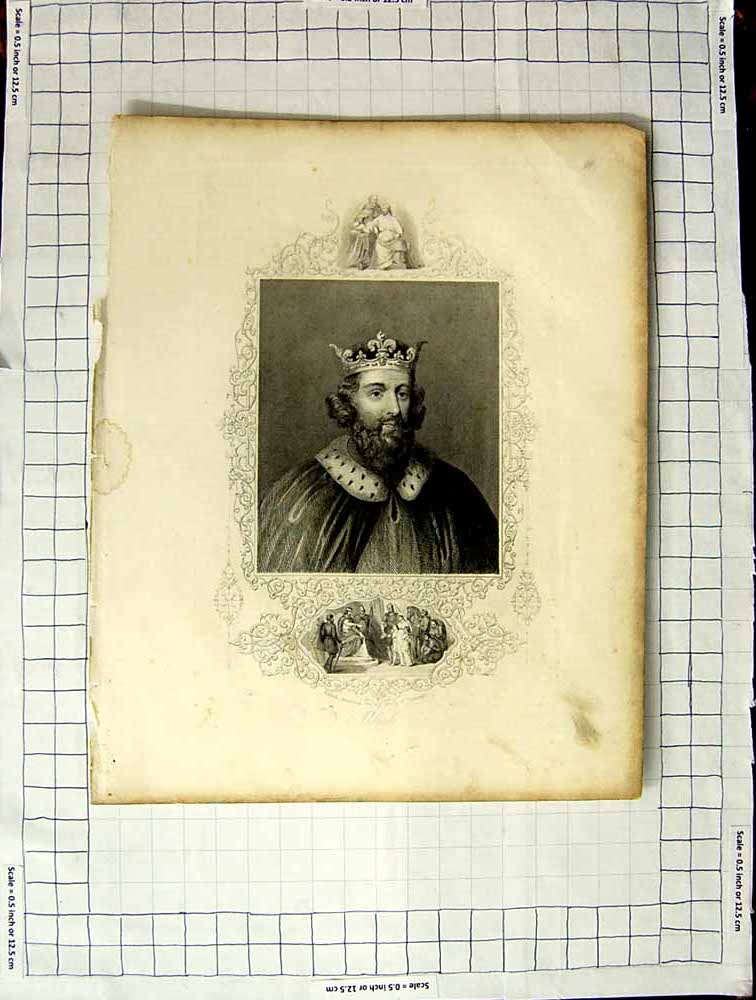 Original Old Antique Print Portrait King Alfred Family Hastings