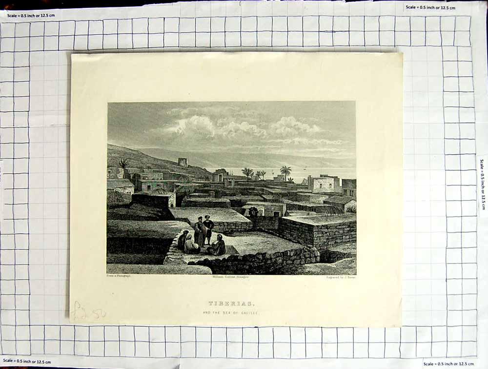 Original Old Antique Print View Tiberias Sea Galilee Collins Glasgow Bower