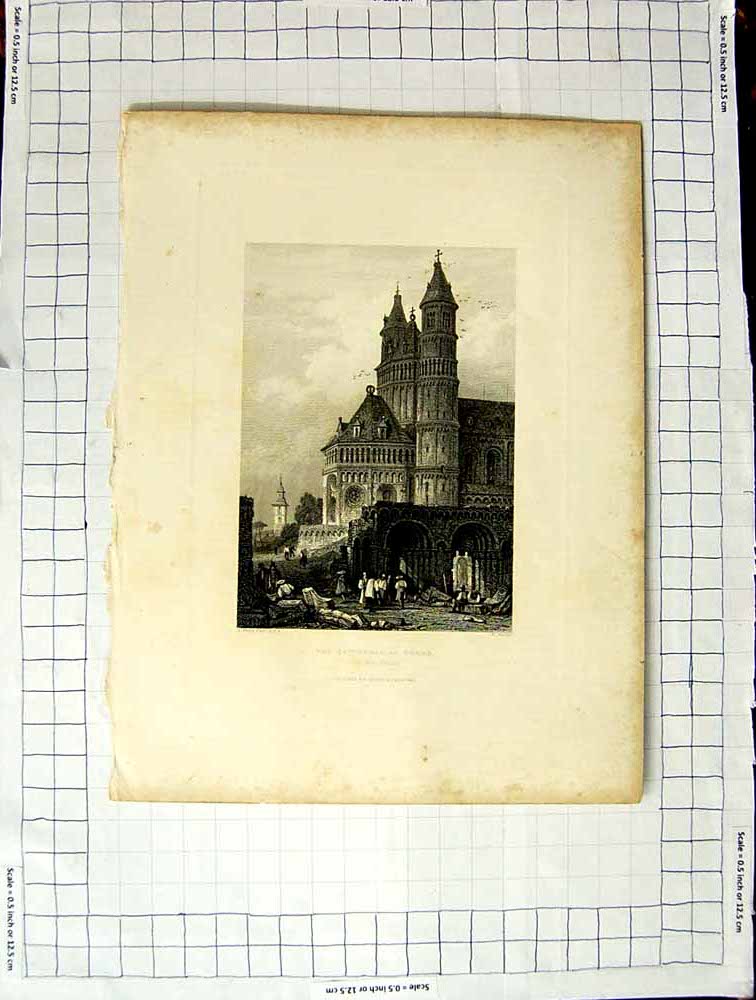 Original Old Antique Print 1845 Architecture Cathedral Works Rhine Prout Wallis