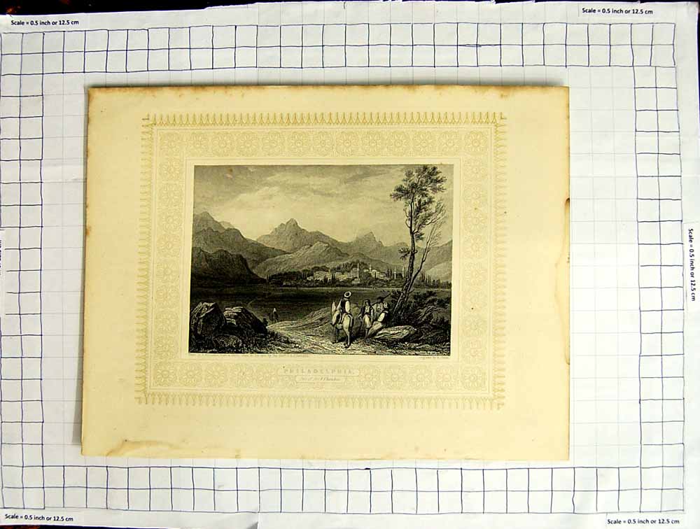 Original Old Antique PrintChurches Philadelphia Mountains Finden Brockedon