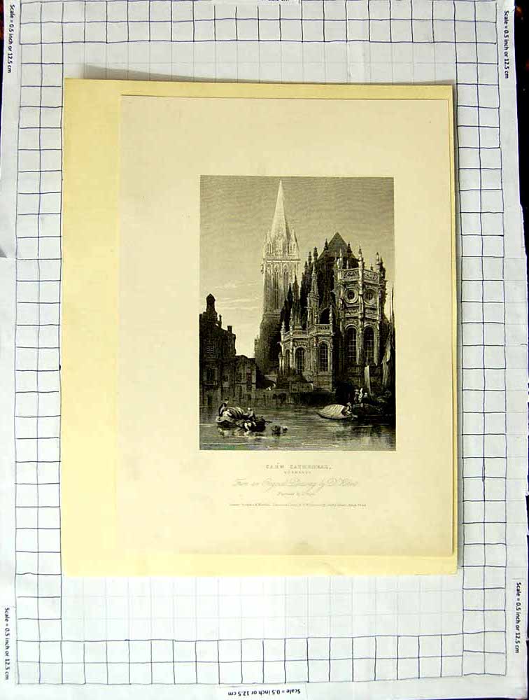 Original Old Antique Print View Caen Cathedral Normandy France Roberts Tingle