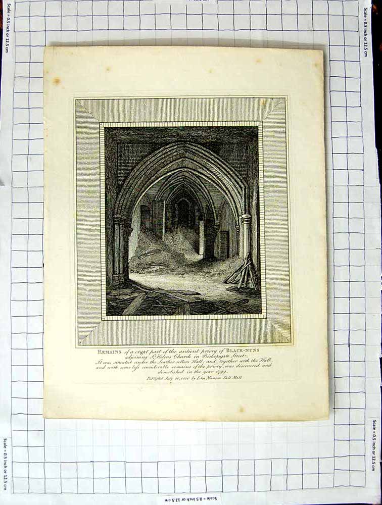 Original Old Antique Print Crypt Priory Black-Nuns Helen'S Church Bishopsgate