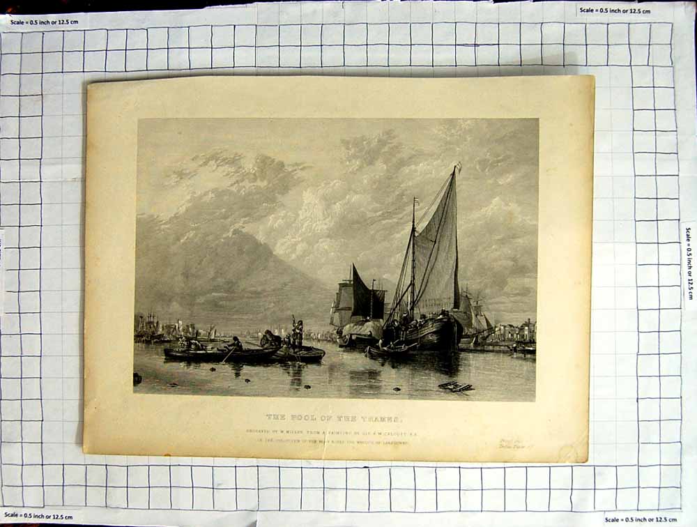 Original Old Antique Print View Pool River Thames London Boats Yachts Miller