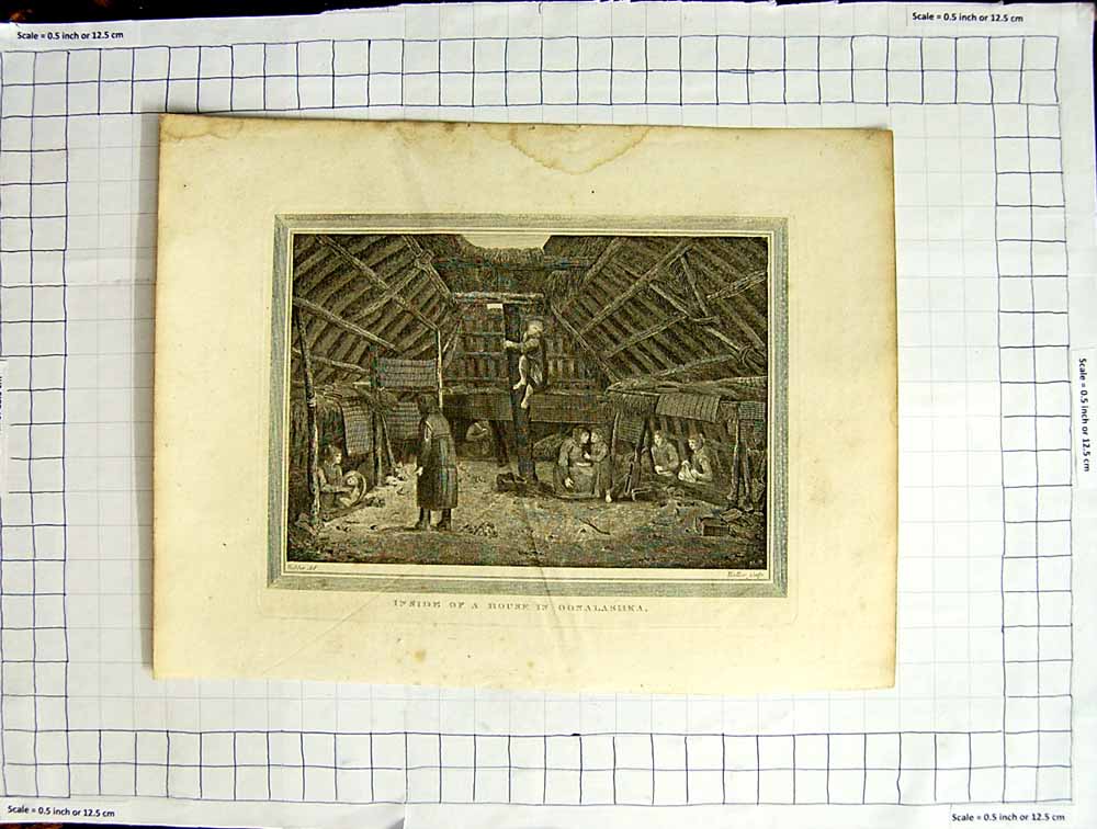 Original Old Antique Print Inside House Oonalashka Walker Webber