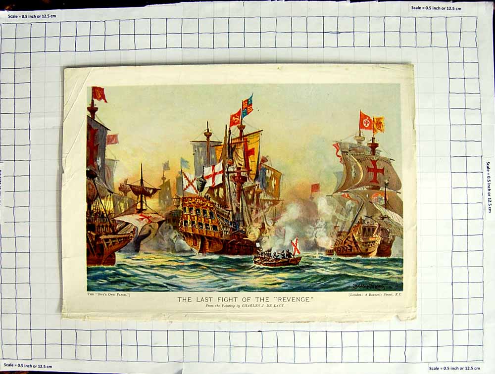 Old Antique Print Ref.476 Colour War Ships Battle Fight Revenge De Lacy