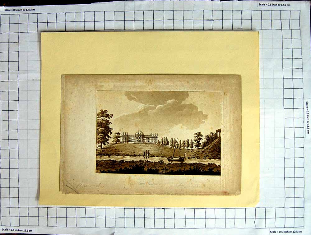 Original Old Antique Print 1790 Architecture Chateau River Boats 18th Century