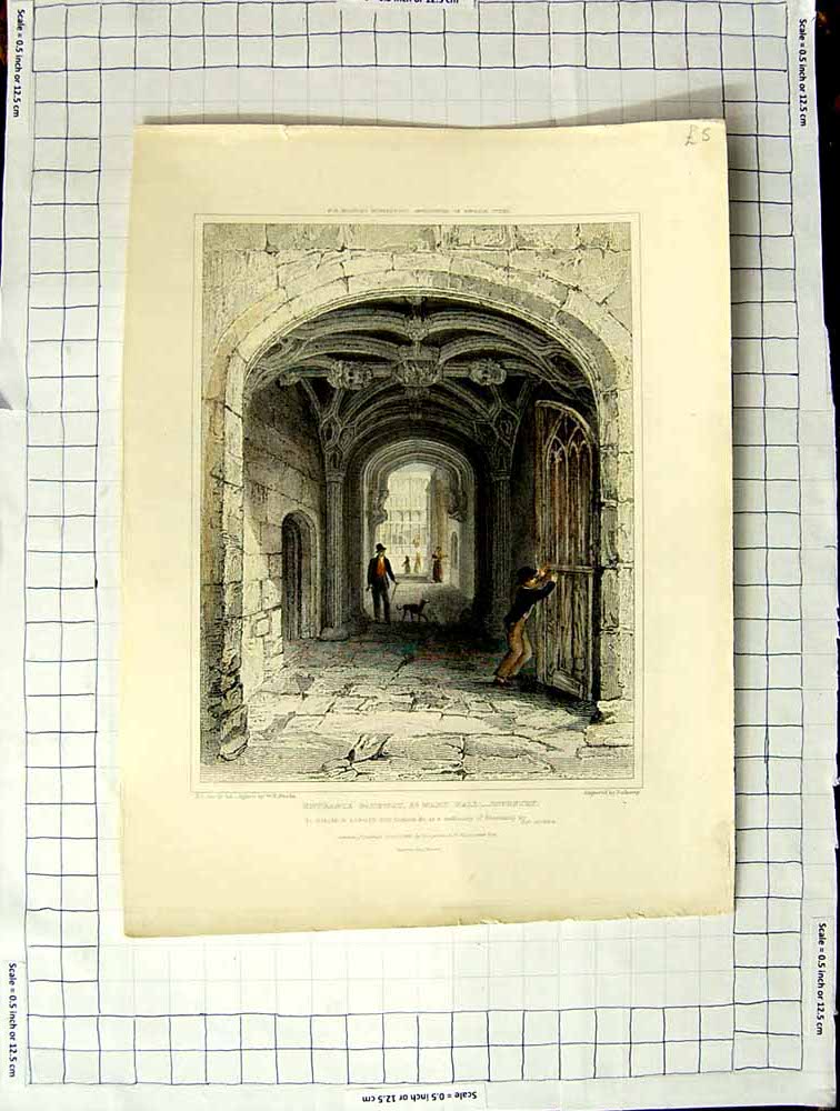 Original Old Antique Print 1829 Gateway St. Mary Hall Coventry Brooke Redaway