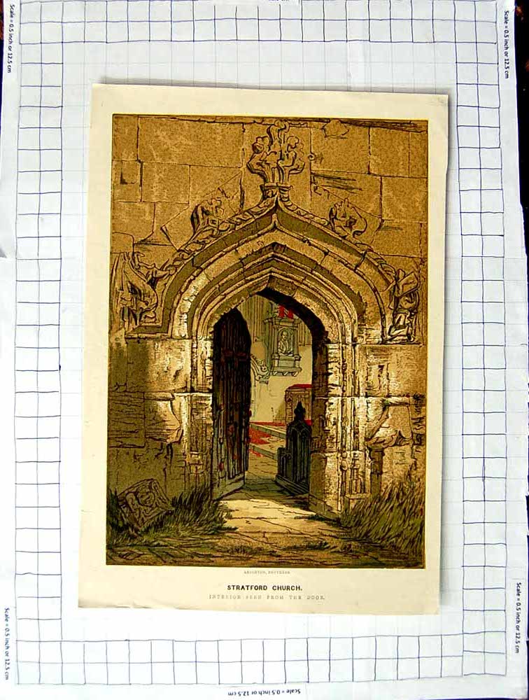 Original Old Antique Print Colour View Interior Stratford Church Leighton 19th