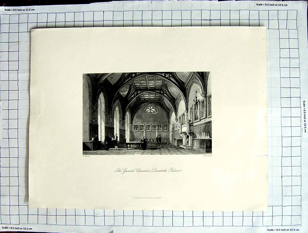 Original Old Antique Print Guard Chamber Lambeth Palace Allom Radclyffe 20th