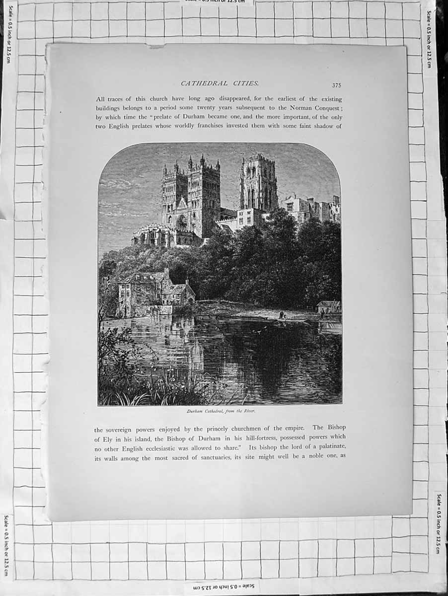 Old Antique Print C1900 View Durham Cathedral England River Architecture 20th