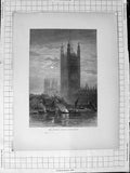Original Old Antique Print C1900 View Victoria Tower Westminster London 20th
