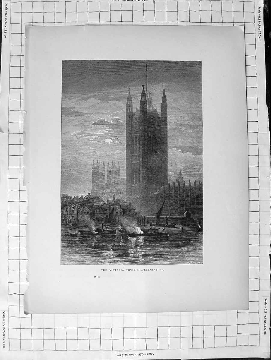 Original Old Antique Print C1900 View Victoria Tower Westminster London 20th