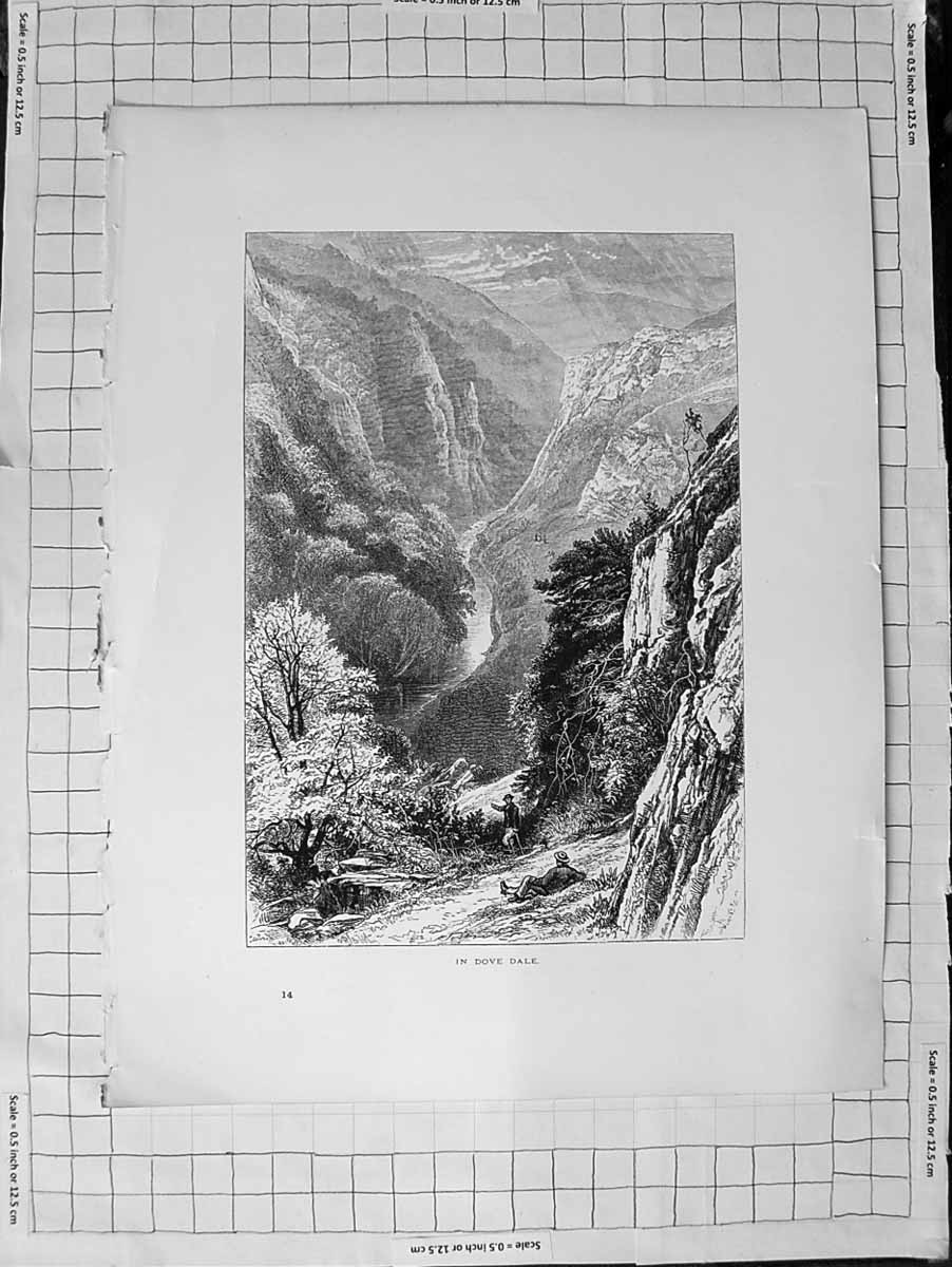 Original Old Antique Print C1900 View Dove Dale Mountains River 20th