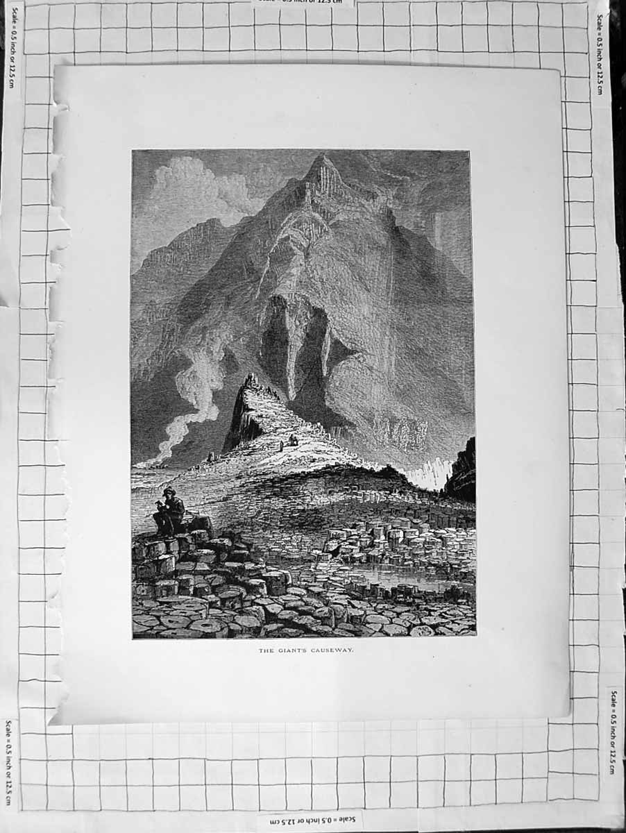 Original Old Antique Print C1900 View Giant'S Causeway Mountains 20th