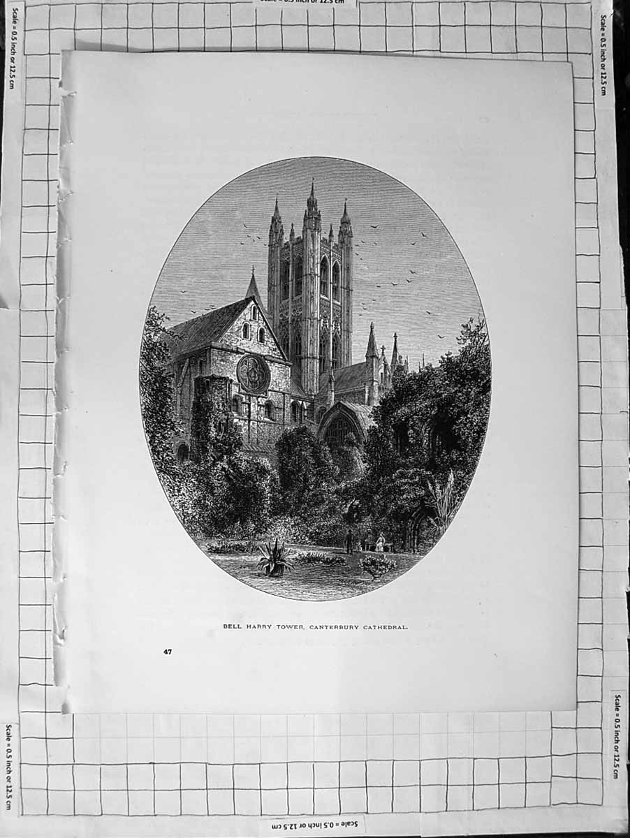 Original Old Antique Print C1900 View Bell Harry Tower Canterbury Cathedral