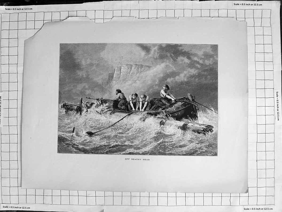 Original Old Antique Print C1900 View Eddystone Lighthouse Stormy Sea Victorian