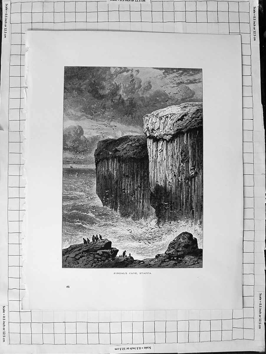 Original Old Antique Print C1900 View Fingals Cave Staffa Sea Rocks Birds 20th