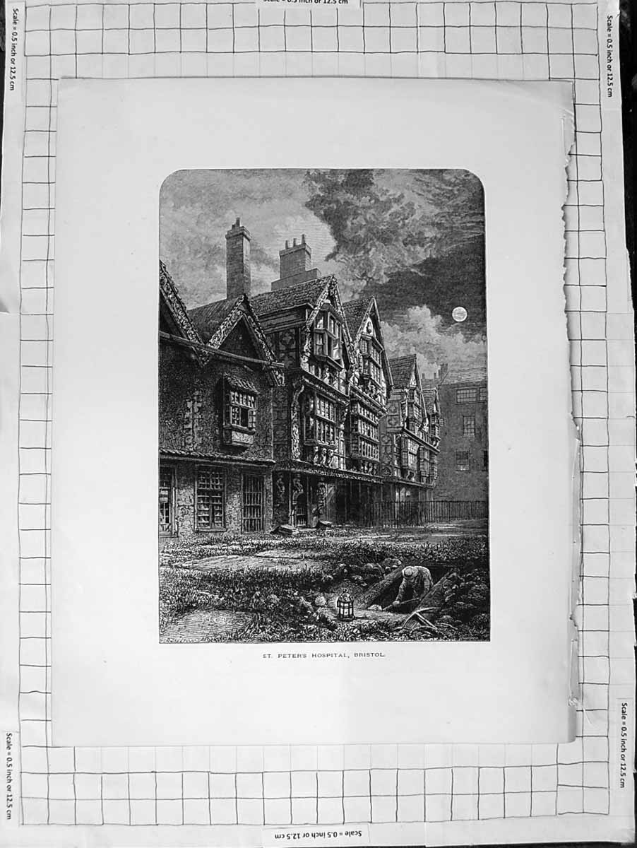 Original Old Antique Print C1900 View St. Peter'S Hospital Bristol England Moon