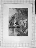 Original Old Antique Print C1900 View Walkendorff Tower Bergen Boats Mountains