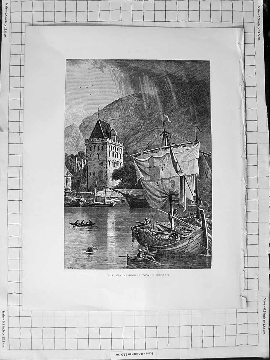 Original Old Antique Print C1900 View Walkendorff Tower Bergen Boats Mountains