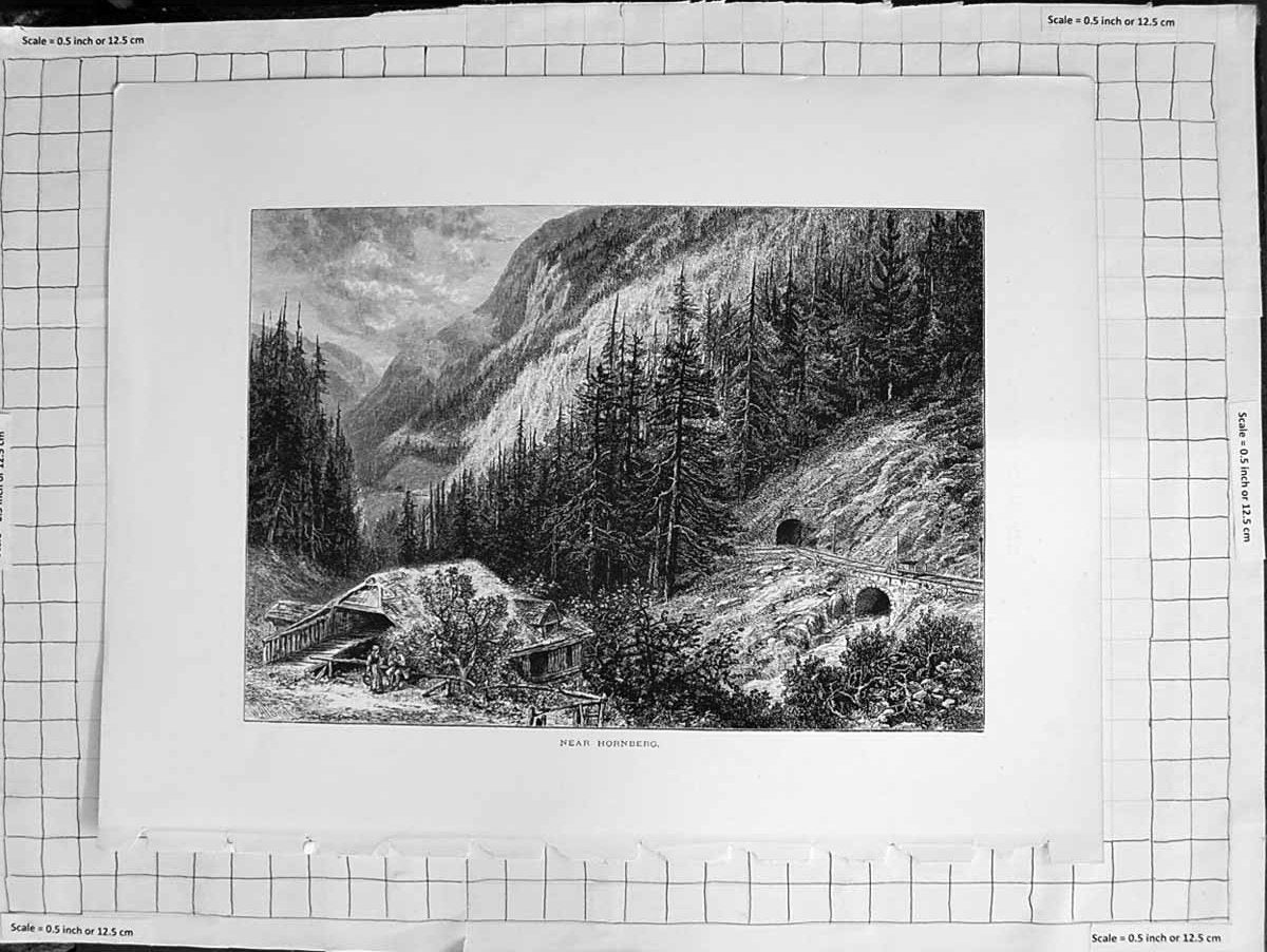 Original Old Antique Print C1900 View Near Hornberg Mountains Trees Tunnel 20th
