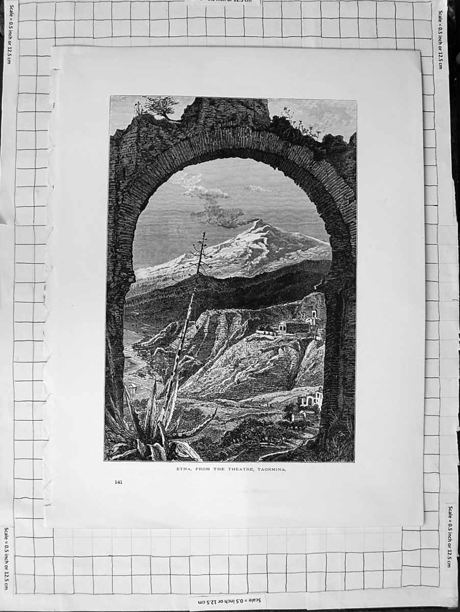 Original Old Antique Print C1900 View Mount Etna Theatre Taormina Volcano 20th