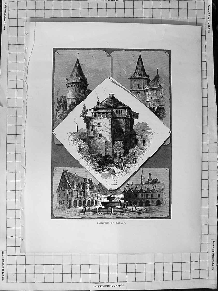Original Old Antique Print C1900 Views Goslar Paul'S Tower Market Place 20th