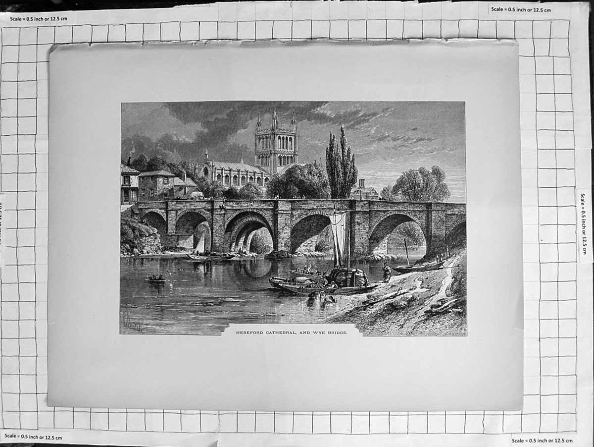 Original Old Antique Print C1900 View Hereford Cathedral River Wye Bridge 20th