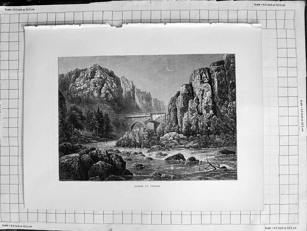 Original Old Antique Print C1900 View Gorge Thiers River Bridge Moonlight Scene