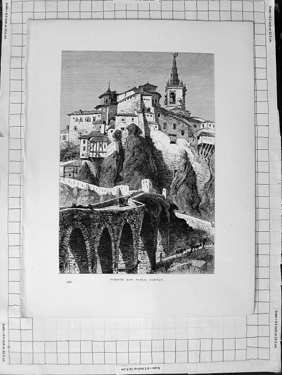 Original Old Antique Print C1900 View Peunte San Pablo Cuenca Architecture 20th
