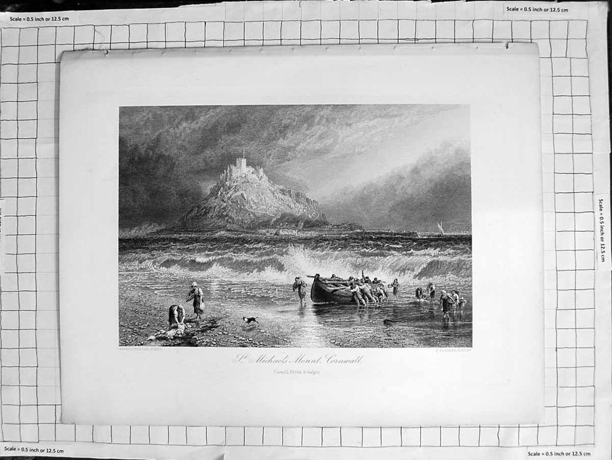 Original Old Antique Print C1900 View St. Michaels Mount Cornwall England Sea