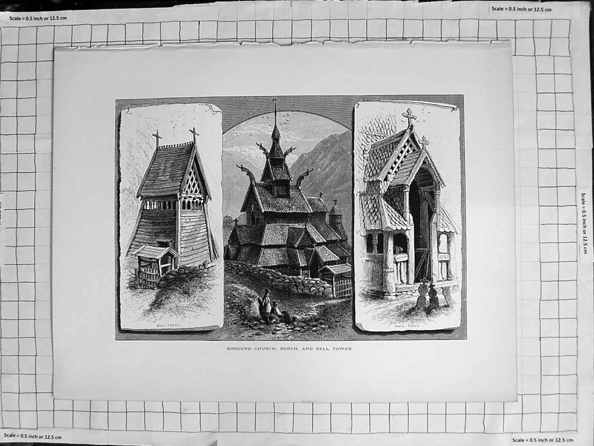 Original Old Antique Print C1900 Borgund Church Porch Bell Tower 20th